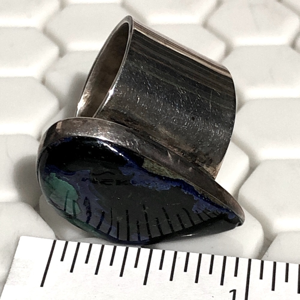 Azurite Malachite Teardrop Gem Stone Sterling Silver Statement Ring size 11 - Picture 12 of 13